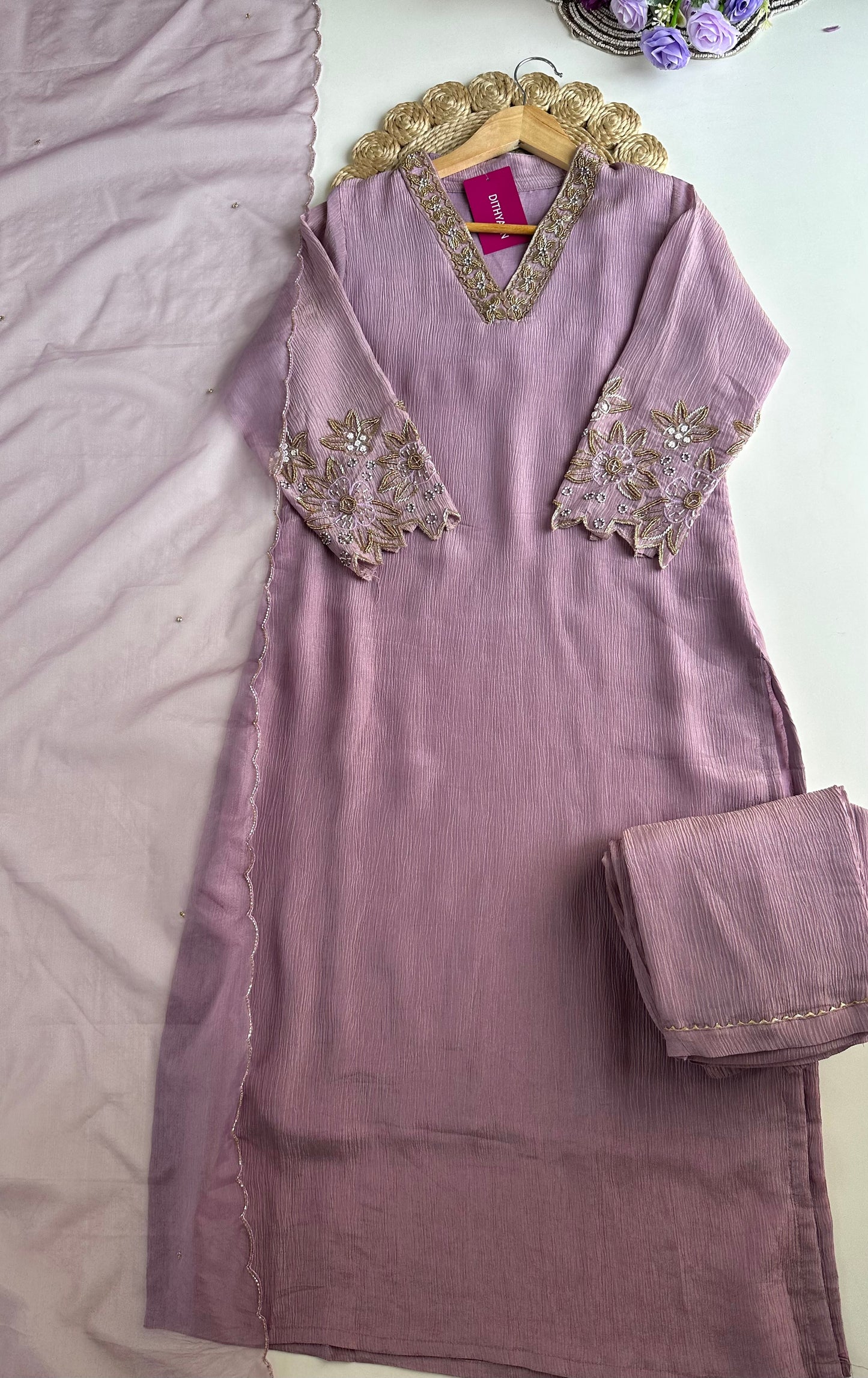 K057 - Crush tissue handwork straight Kurti with pants and dupatta in 2 colours