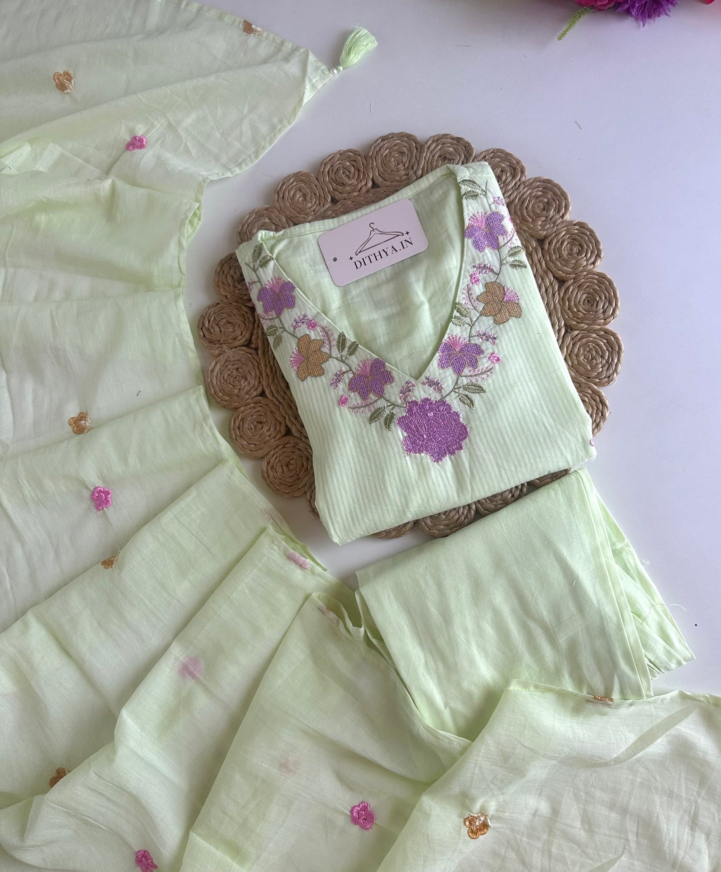 K526 - Mul cotton embroidered straight Kurti with pants and dupatta