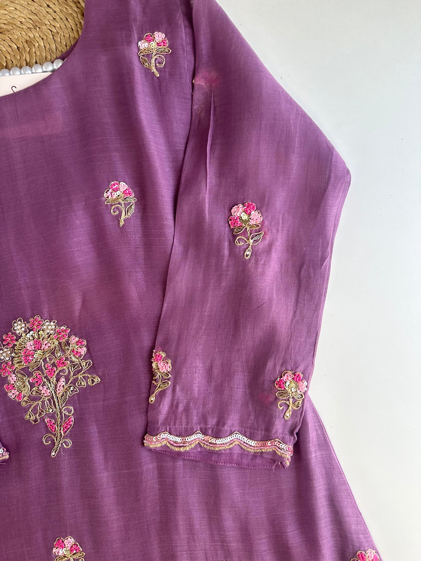 K469 - Mul chanderi handwork Aline kurti with pants and dupatta