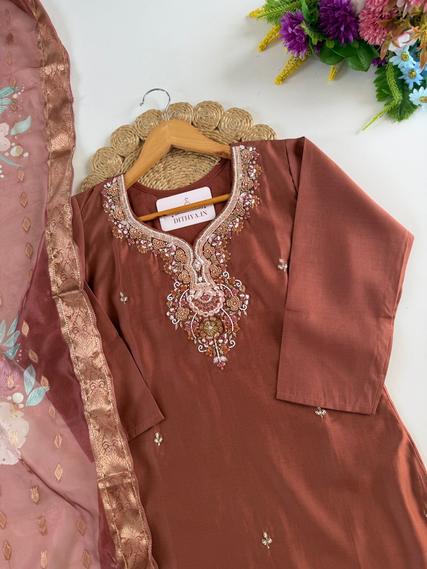 K526 - Roman silk handwork straight Kurti with pants and dupatta