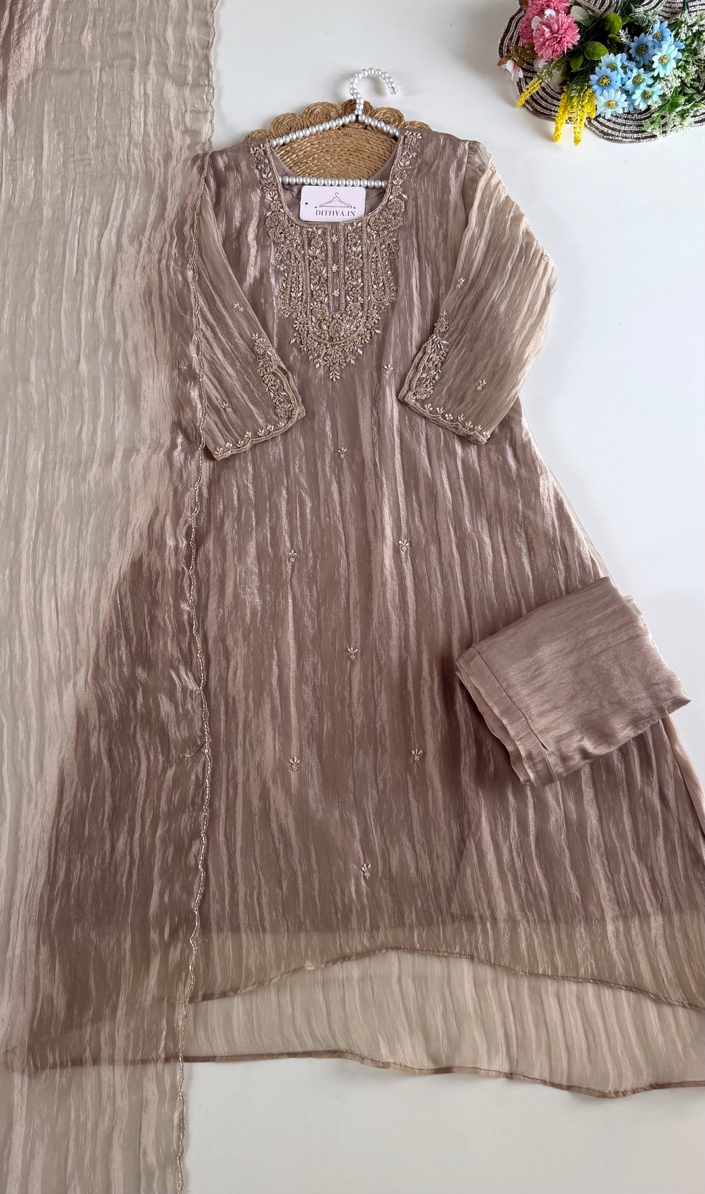 K600 - Glass tissue silk handwork aline Kurti with pants and dupatta