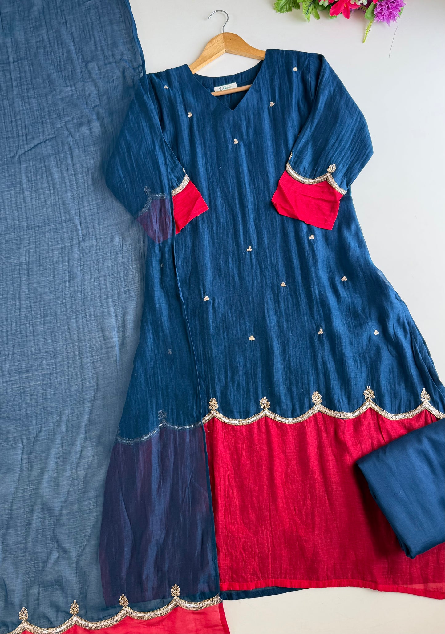 K543 - Mul Chanderi handwork Aline Kurti with pants and dupatta