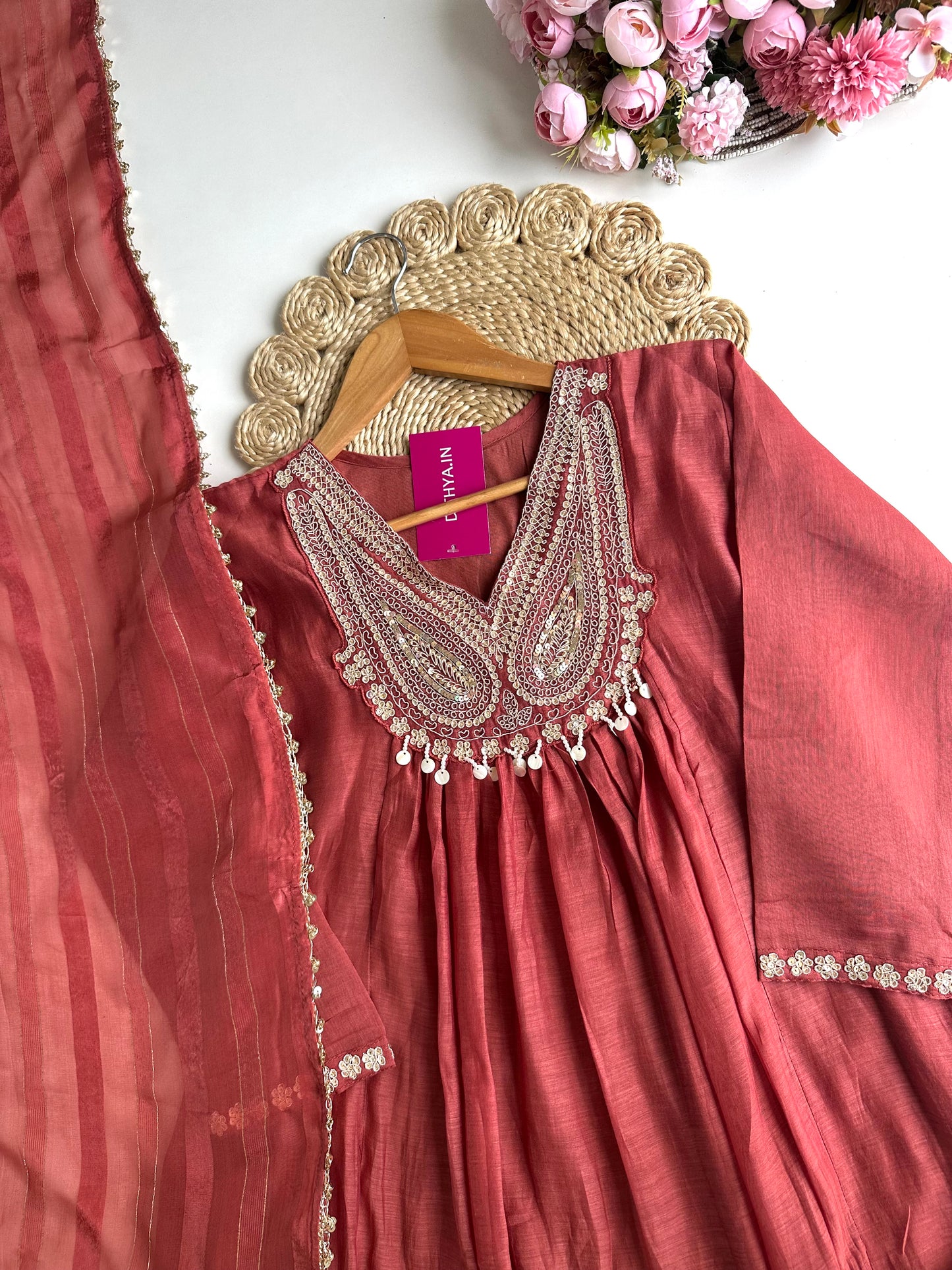 K093 - Mul Chanderi handwork Aline Kurti with pants and dupatta in 2 colours
