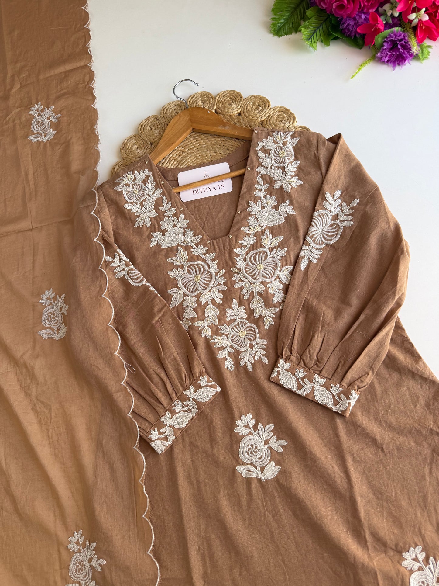 K235 - Mul cotton embroidered Aline Kurti with pants and dupatta