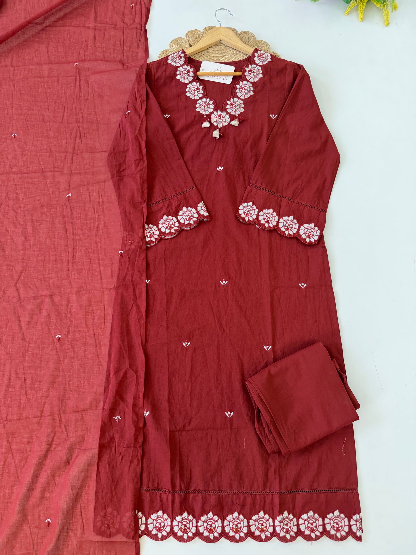 K146 - Mul cotton embroidered straight Kurti with pants and dupatta