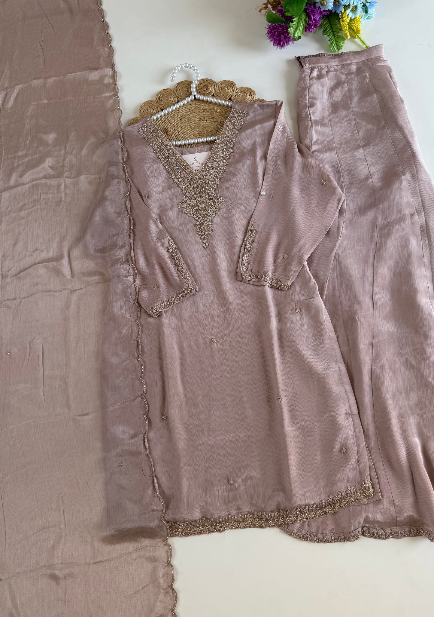 K514-Pure Chinnon handwork short Kurti with divider pants and dupatta