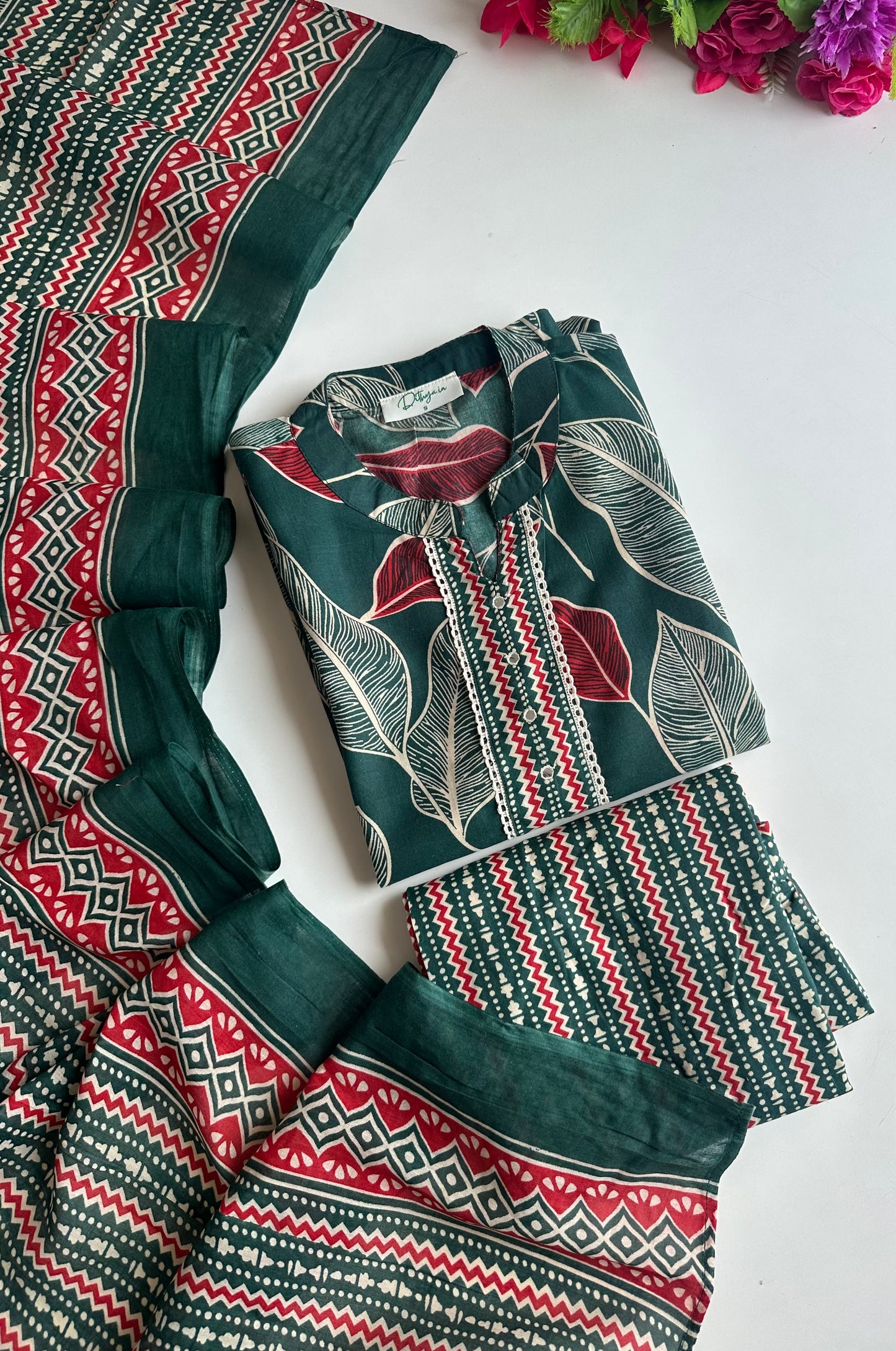 K472 - Mul cotton embroidered straight Kurti with pants and dupatta