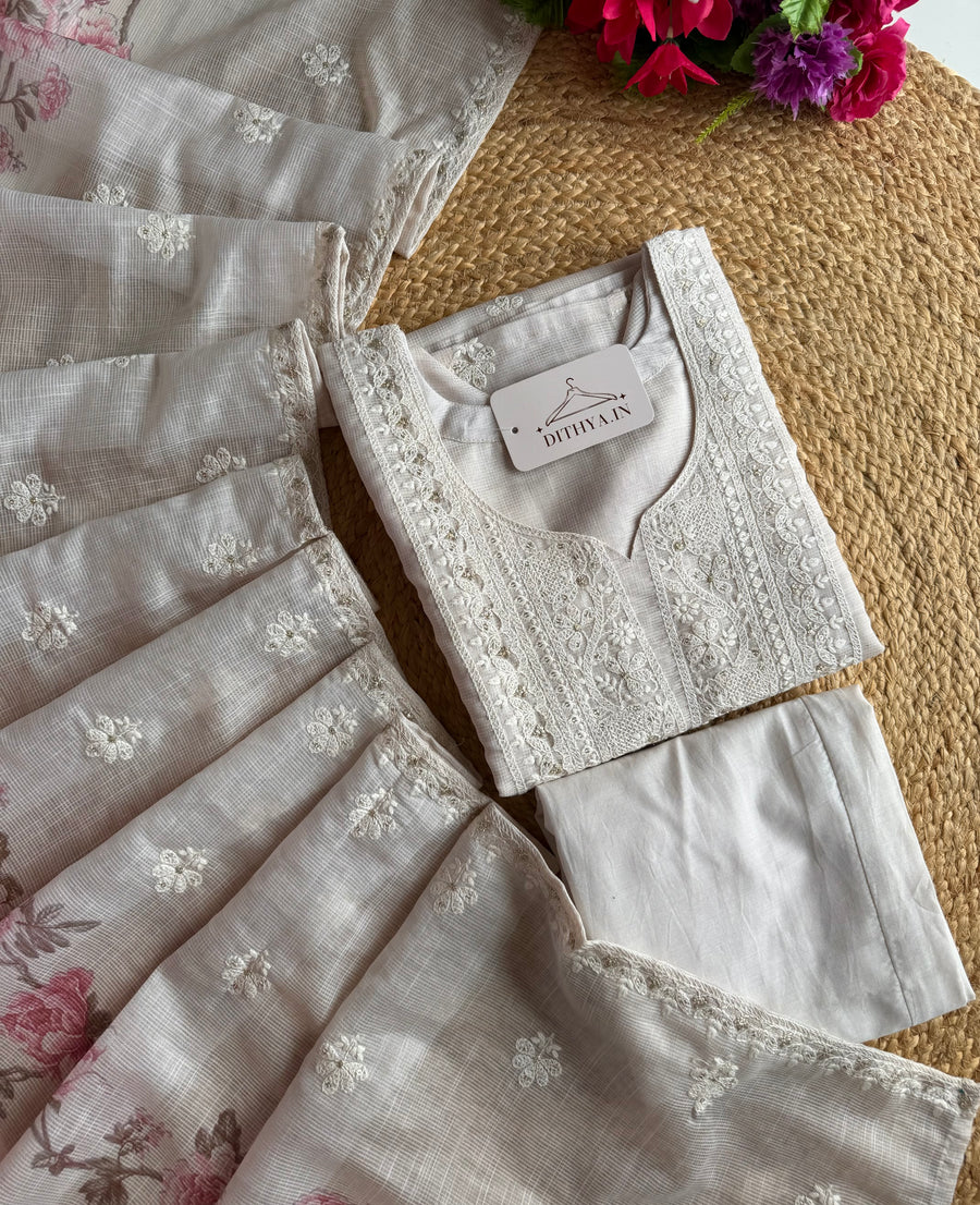 K071 - Chanderi silk embroidered straight Kurti with pants and dupatta