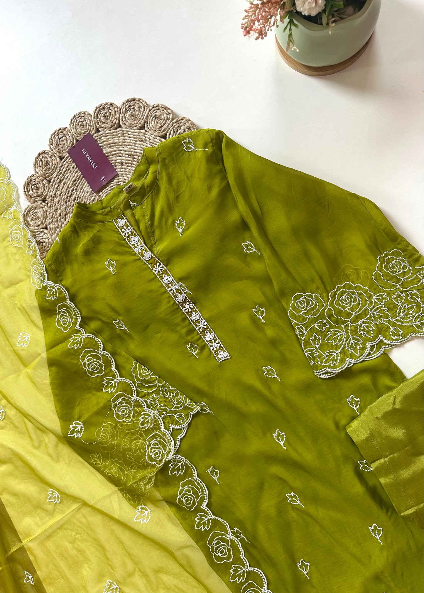 K263 - Viscose organza Embroidered straight kurti with pants and dupatta .