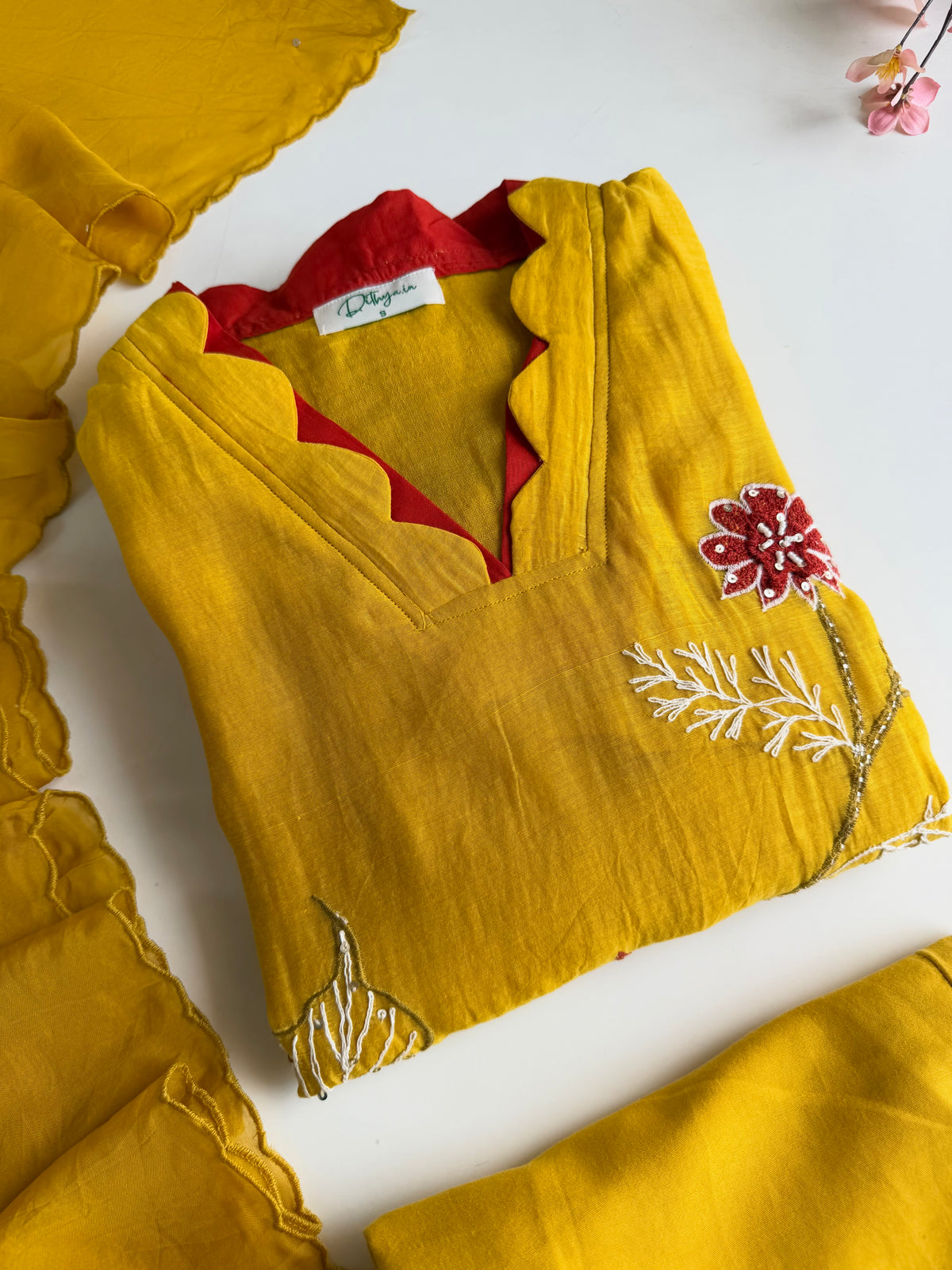 K453 - Mul chanderi appliqué embroidered Aline Kurti with pants and dupatta