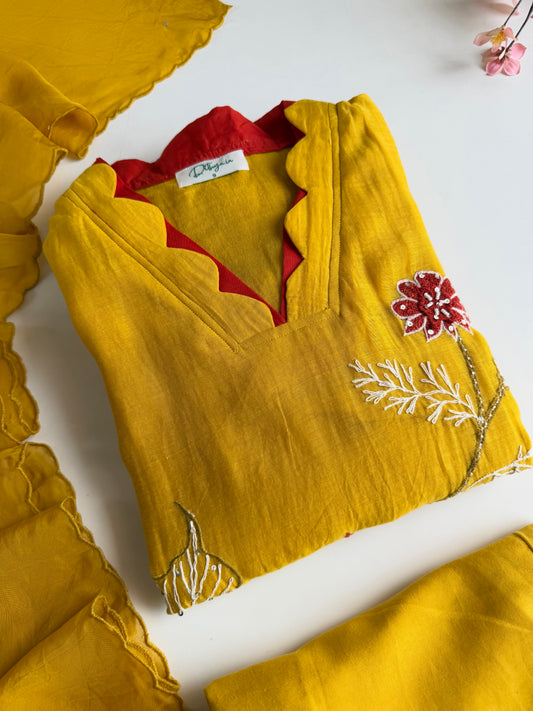 K453 - Mul chanderi appliqué embroidered Aline Kurti with pants and dupatta