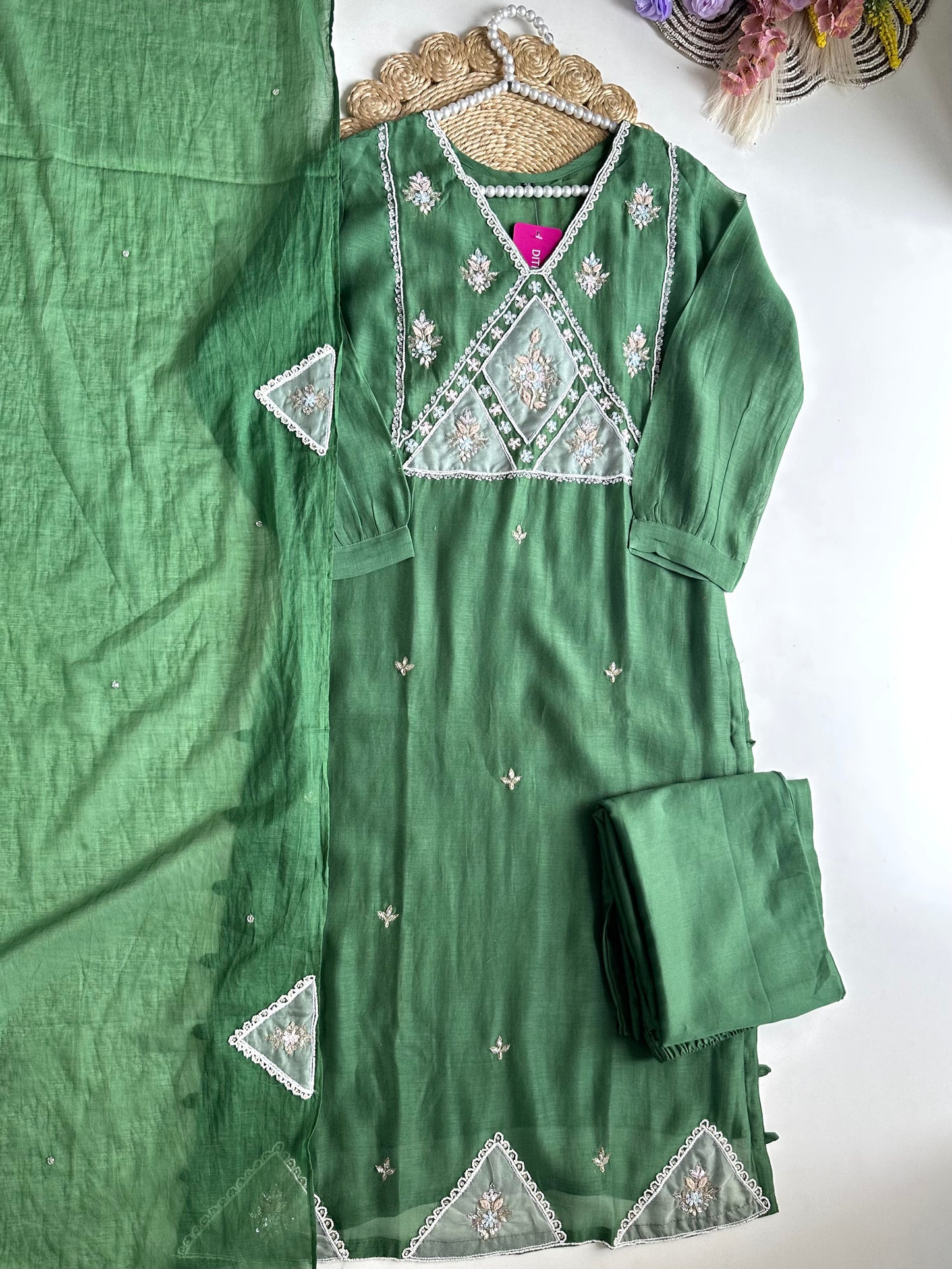 K329 - Mul Chanderi handwork straight Kurti with pants and dupatta