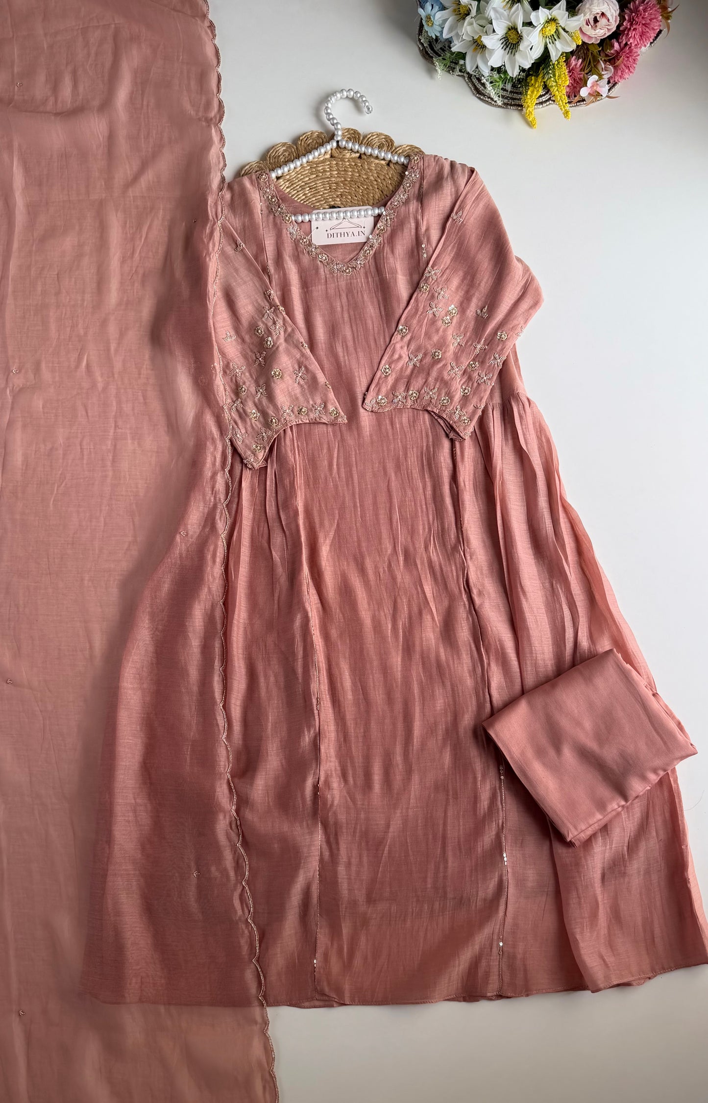 K211 - Mul chanderi handwork Anarkali with pants and dupatta