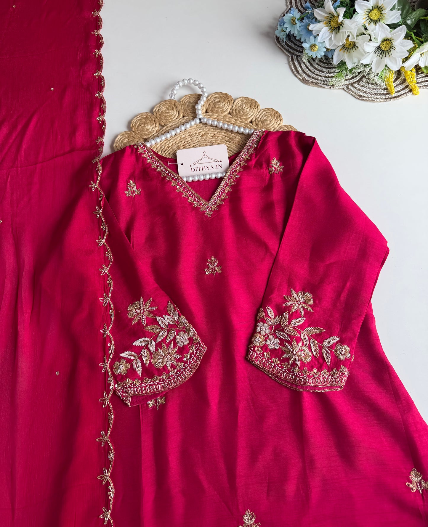 K126 - Russian silk handwork Aline Kurti with pants and dupatta in 2 colours
