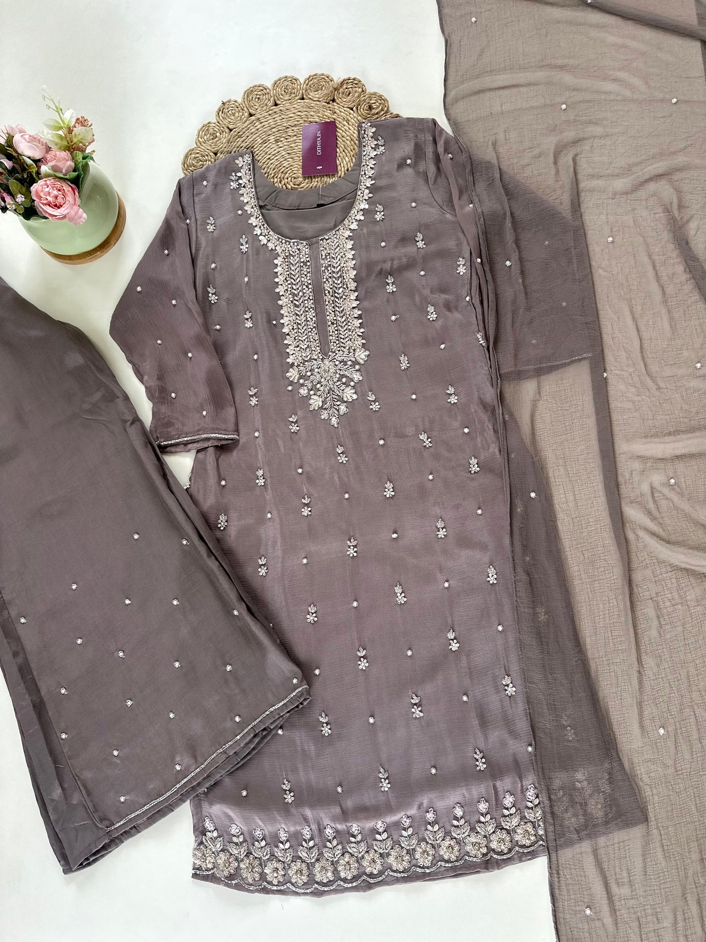 K190 - Heavy handwork Chinnon Straight short kurti with palazzo and dupatta .