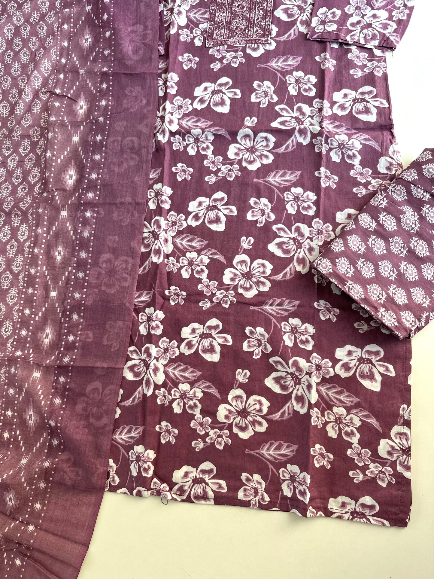 K383- Cotton Printed straight Kurti with pants and dupatta in 2 colours