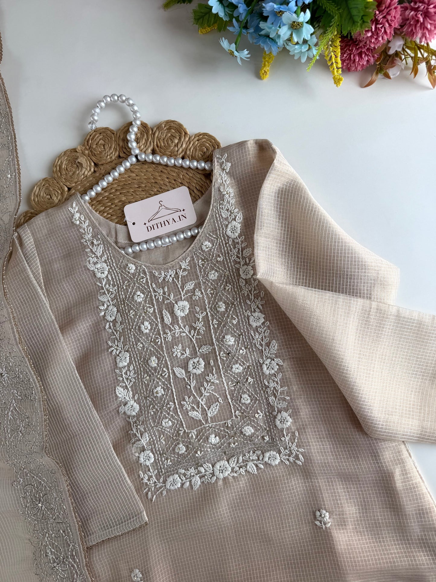 K107 - Chanderi tissue silk embroidered straight Kurti with pants and dupatta in 2 colours