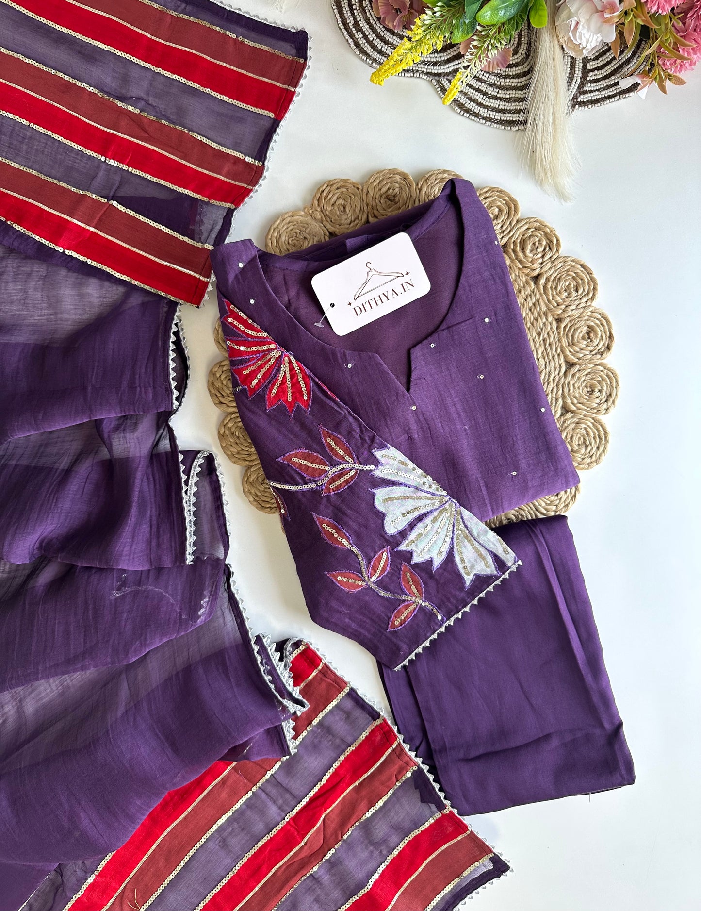 K484 - Mul Chanderi handwork Aline Kurti with pants and dupatta