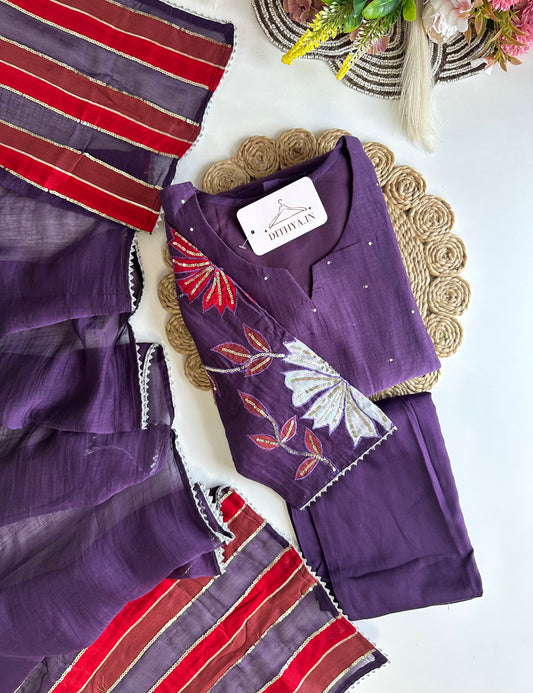 K484 - Mul Chanderi handwork Aline Kurti with pants and dupatta