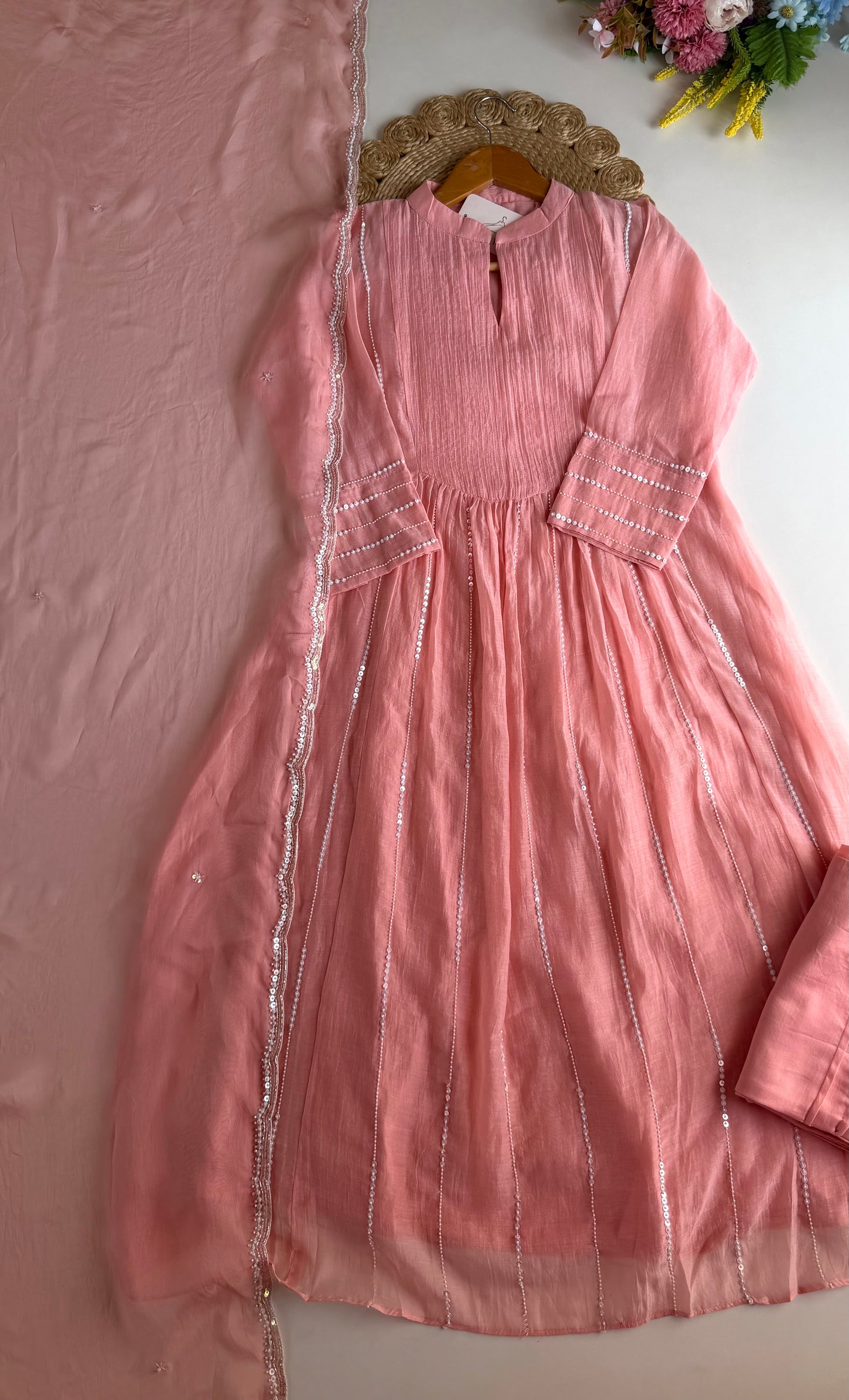 K651 - Mul chanderi handwork Anarkali with pants and dupatta