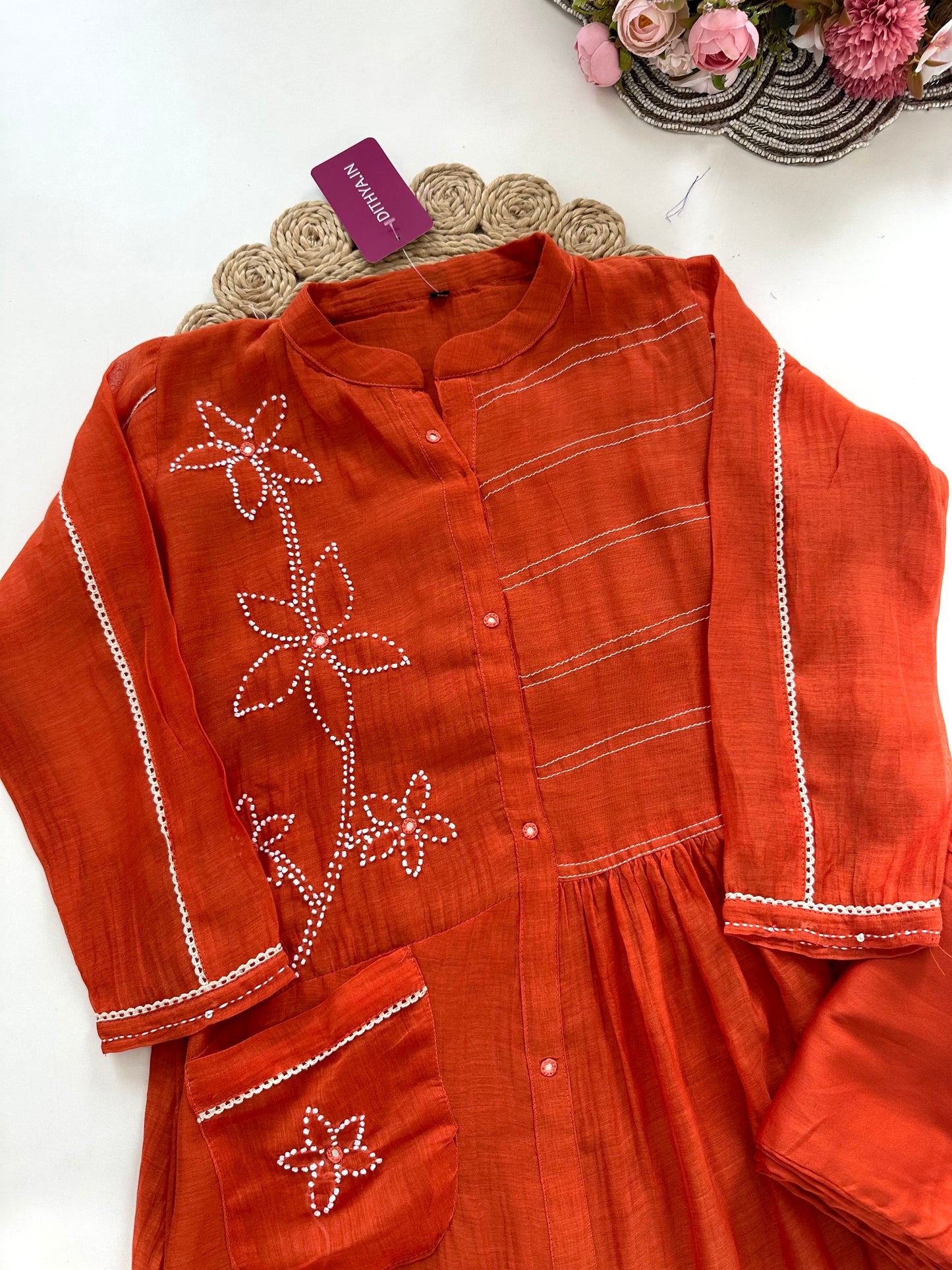 K373 - Mul Chanderi embroidered coord set in 2 colours