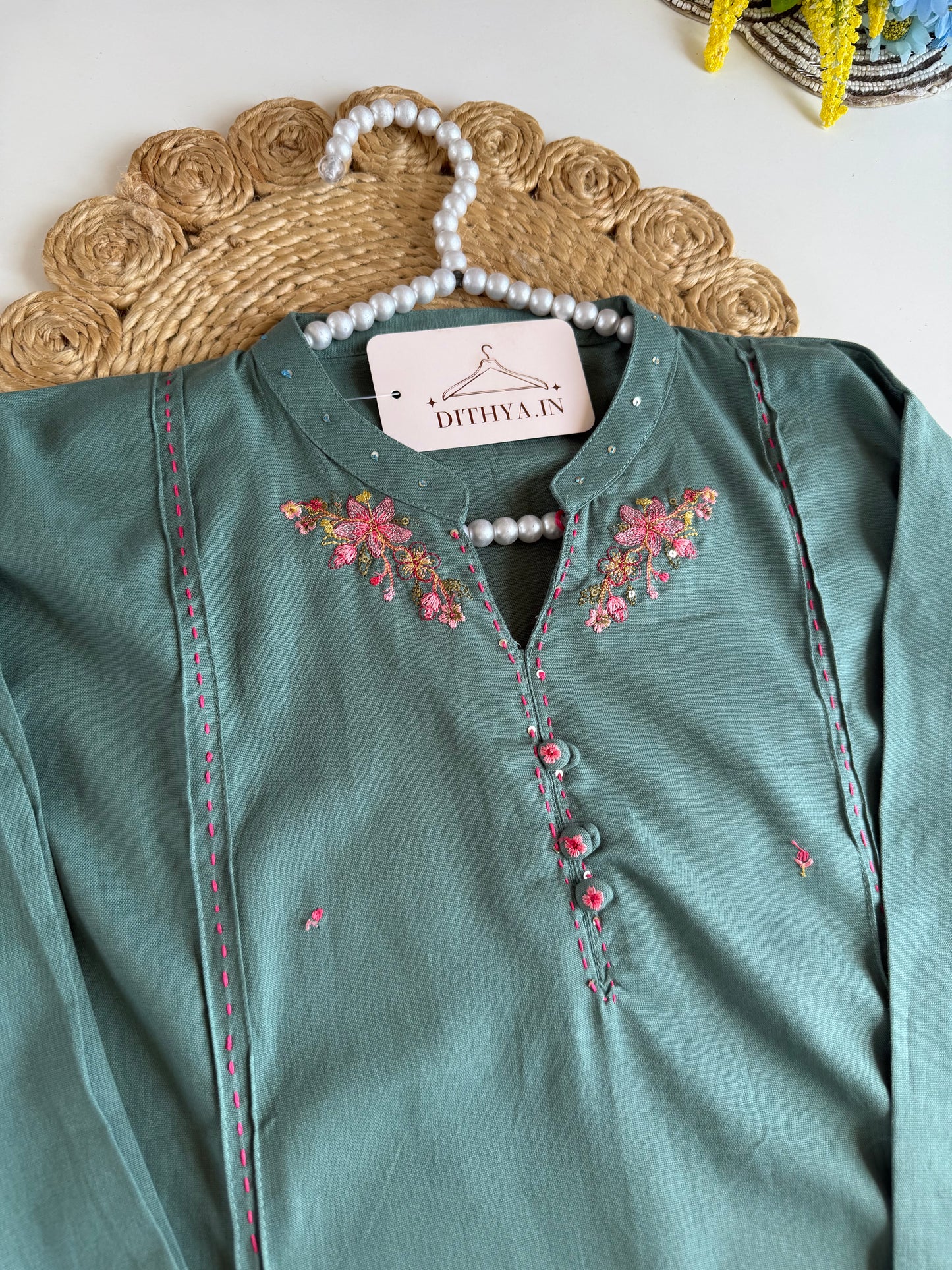 K684 - Cotton embroidered straight Kurti with pants