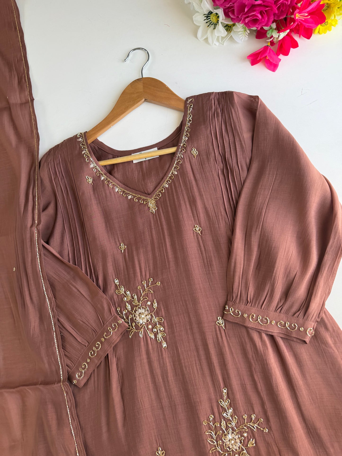 K484 - Surat Mul chanderi handwork aline Kurti with pants and dupatta