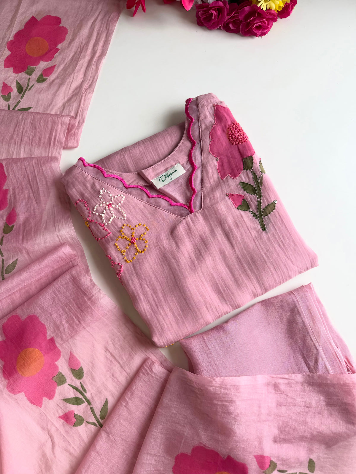 K262 - Mul chanderi hand painted embroidered Aline Kurti with pants and dupatta