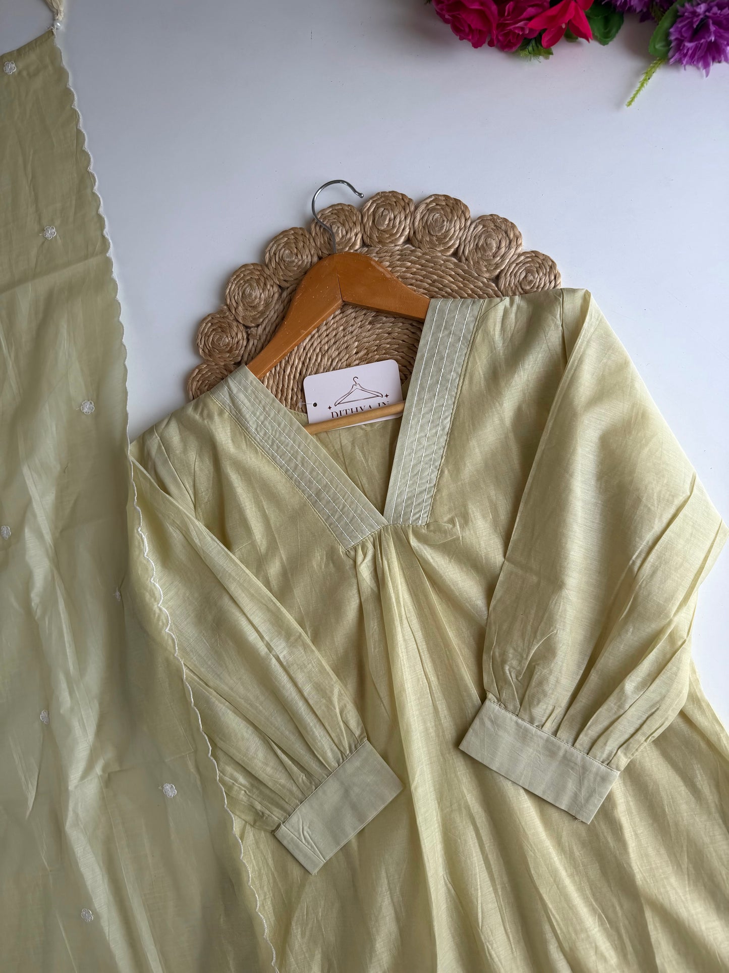 K036 - Crushed Surat Mul chanderi embroidered Aline Kurti with pants and dupatta in 2 colours