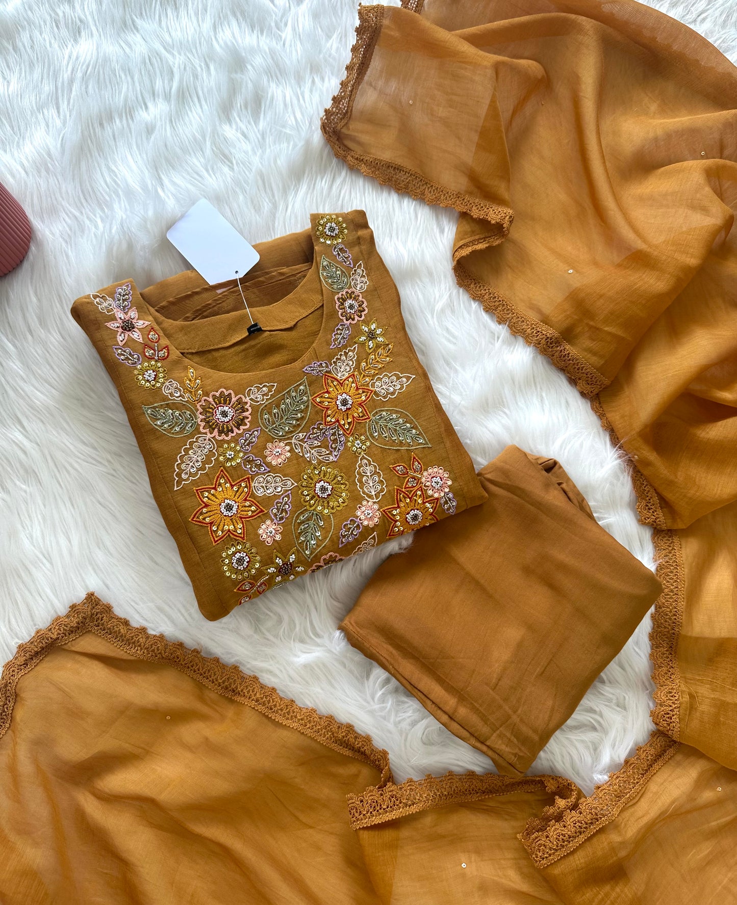 K029 - Mul Chanderi handwork Aline Kurti with pants and dupatta