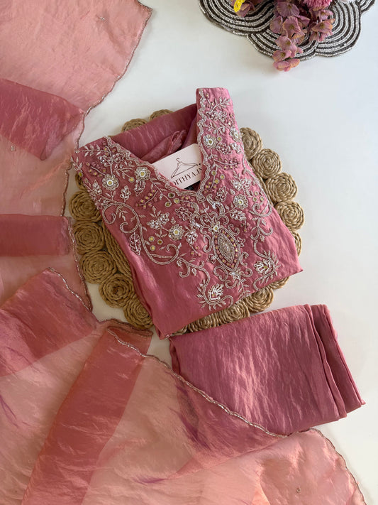 K599 -Glass tissue silk handwork aline Kurti with pants and dupatta