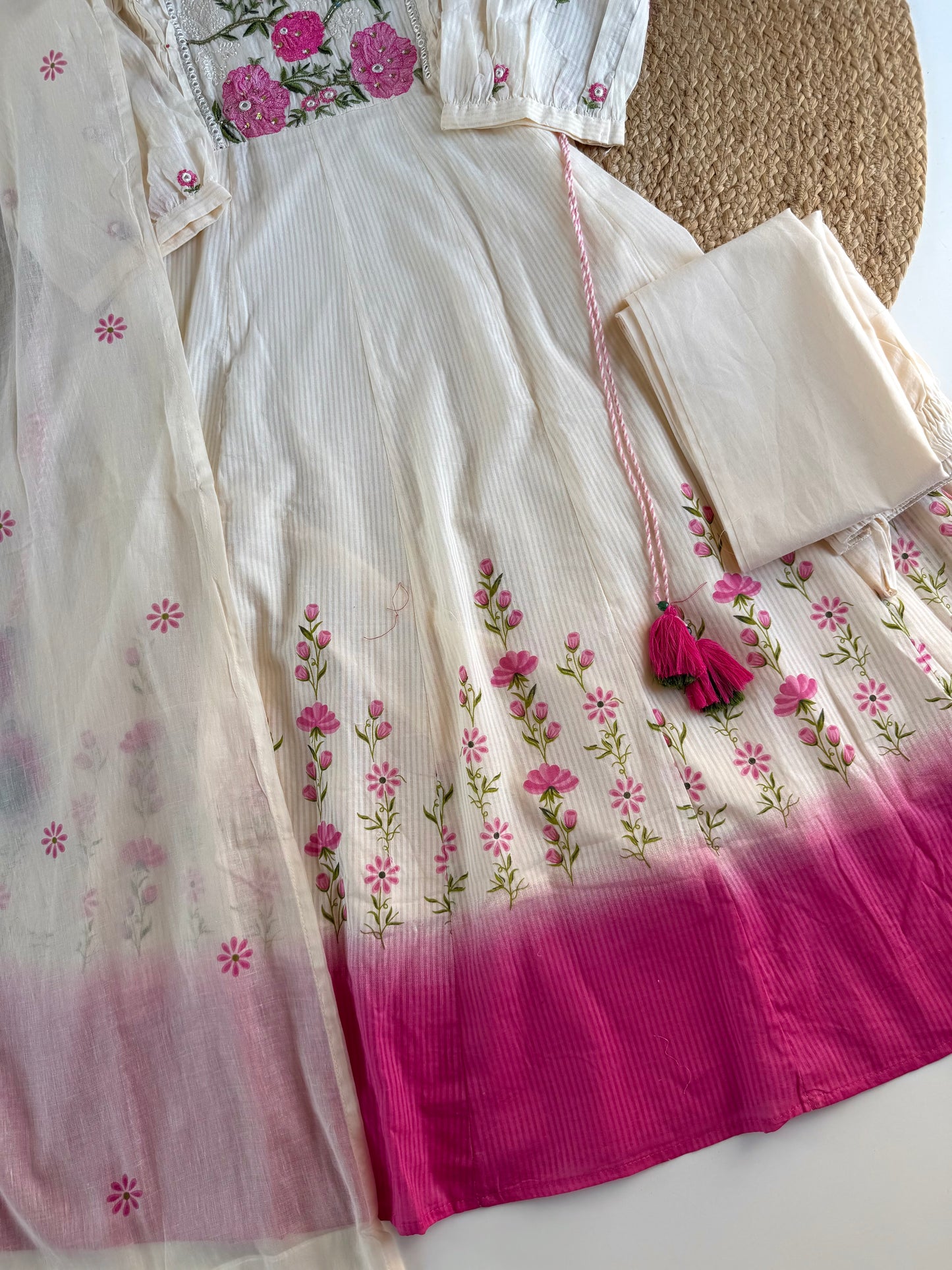 K659 - Mulmul cotton embroidered Anarkali with pants and dupatta