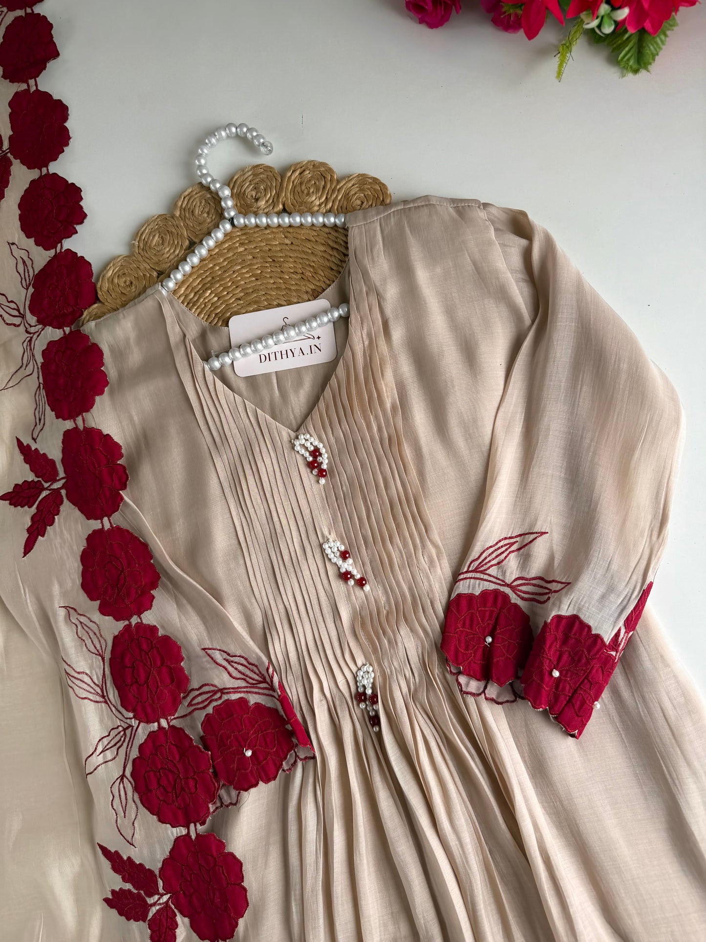 PREORDER  DISPATCH JUNE 1st ONWARDS—                                   K429 - Surat mul chanderi embroidered Anarkali with pants and dupatta