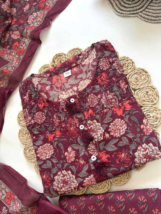 K367 - Cotton floral straight kurti with pants and dupatta