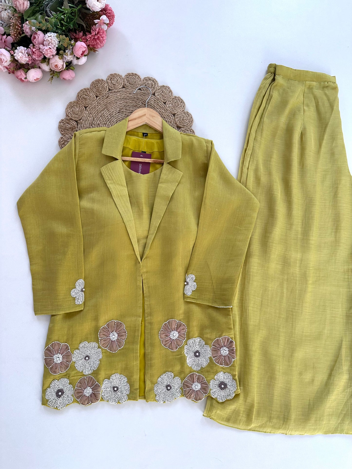 K171 - Mul Chanderi pearl work blazer set with palazzo in 2 colours