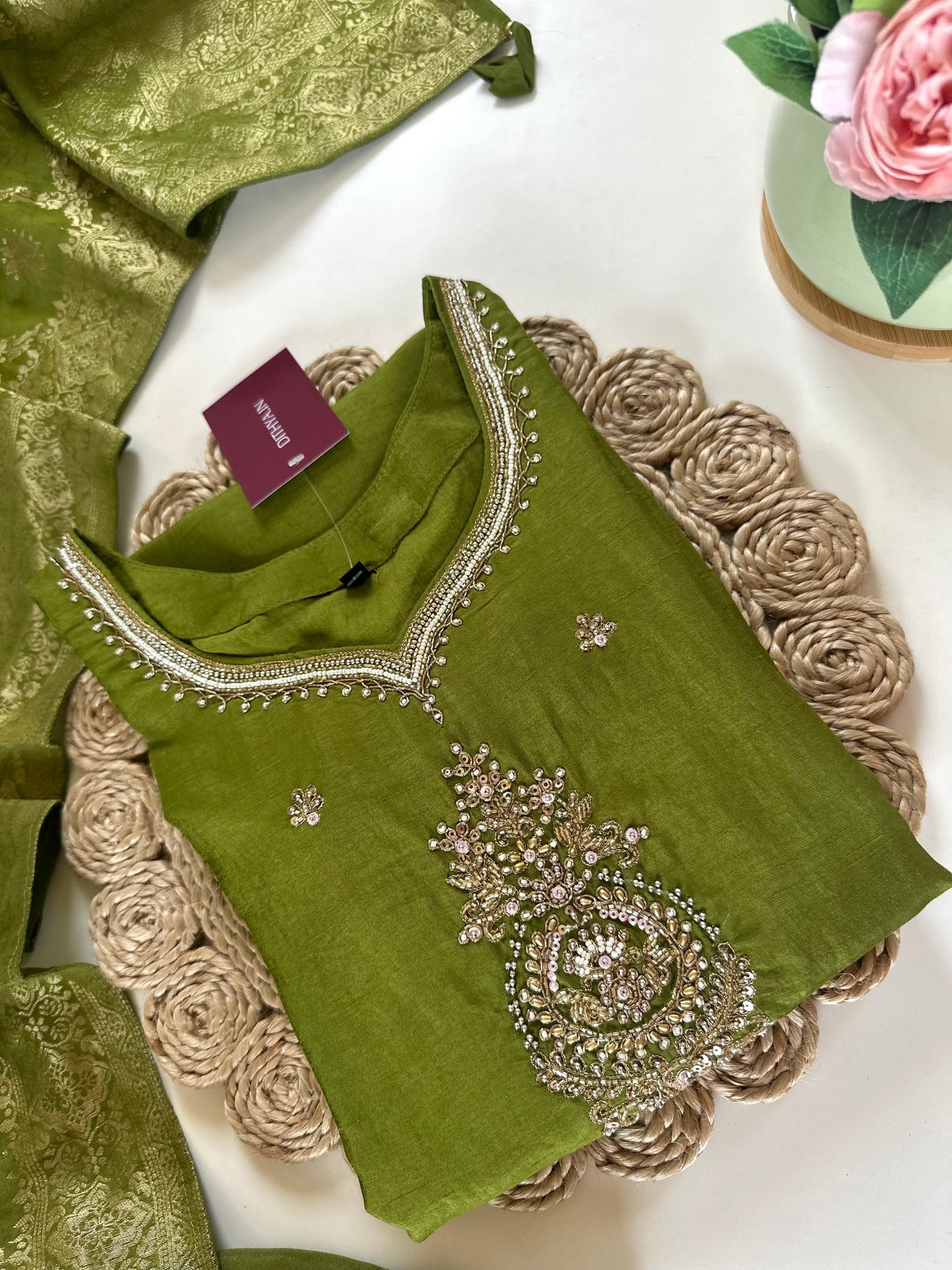 K037 - Russian silk Handwork straight kurti with pants and Banarasi silk dupatta .