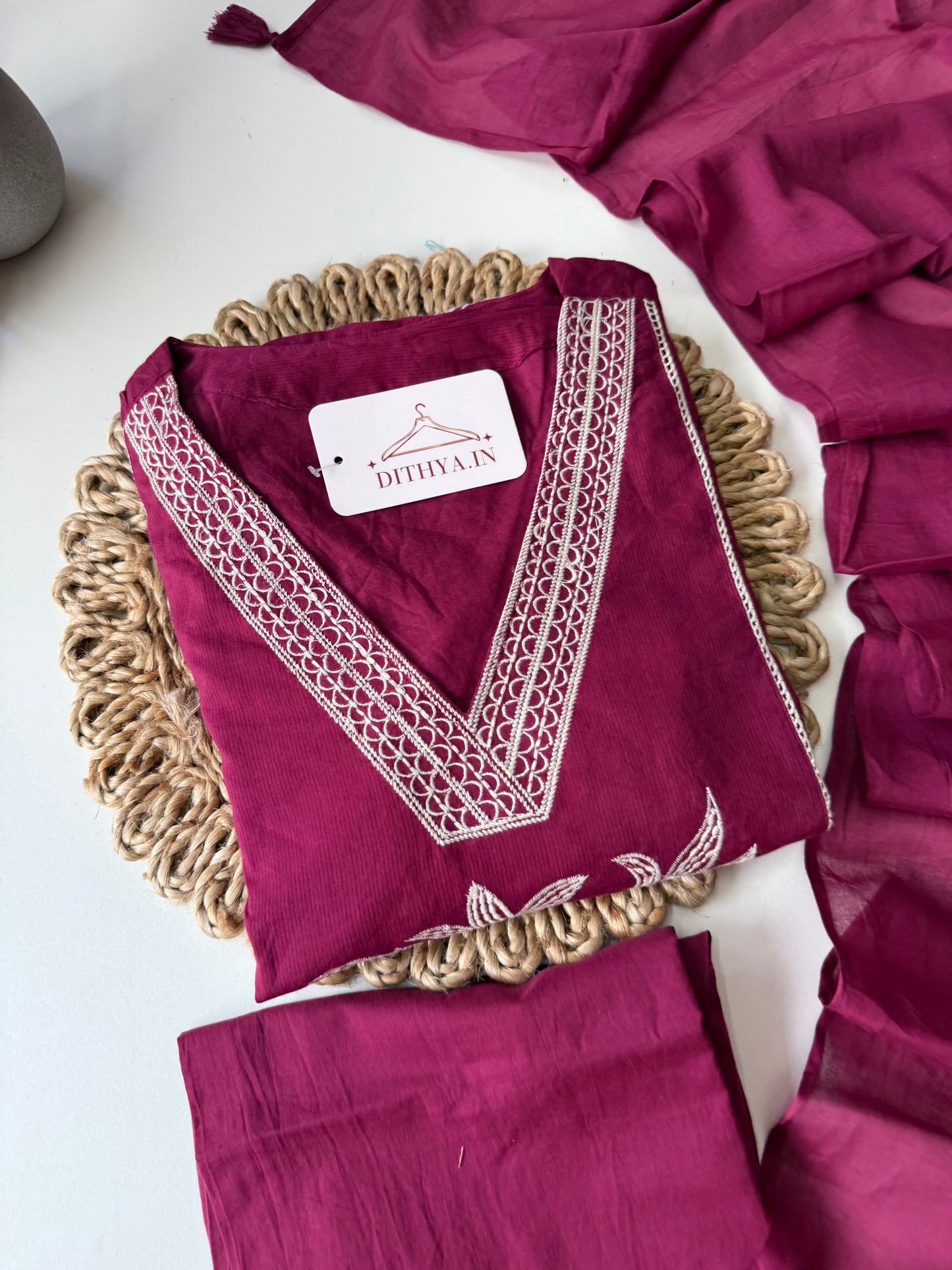 K593 - Cotton embroidered Aline Kurti with pants and dupatta