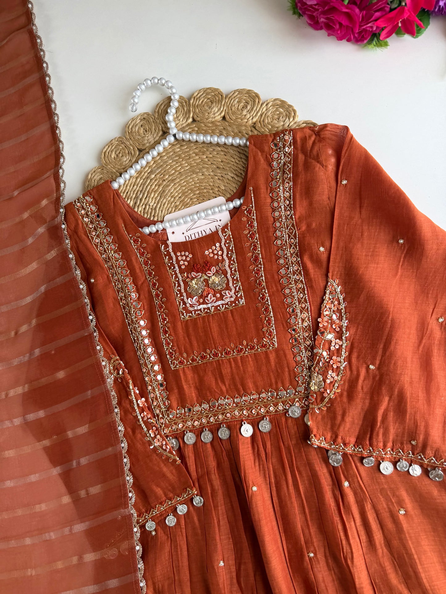 K435 - Mul chanderi handwork Aline Kurti with pants and dupatta