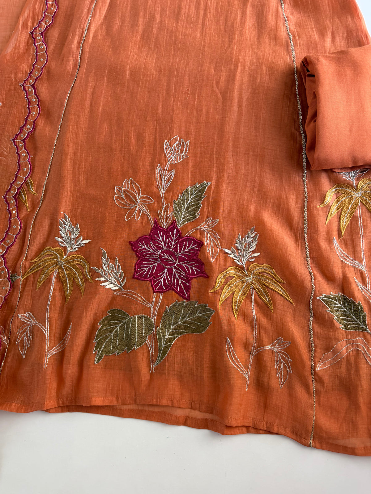 K713 - Mul chanderi appliqué embroidered Aline Kurti with pants and dupatta
