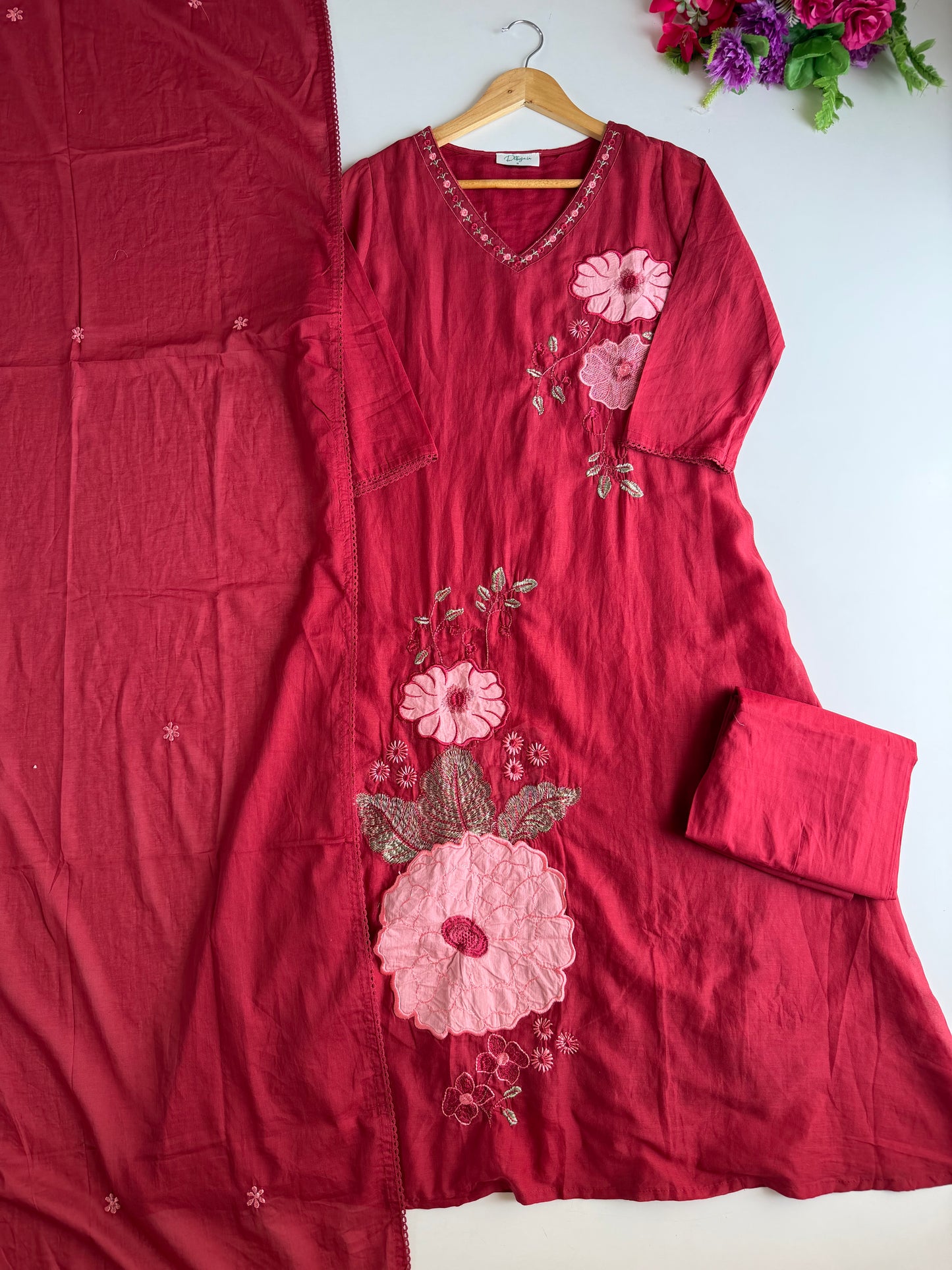 K247 - Mul cotton appliqué embroidered Aline Kurti with pants and dupatta