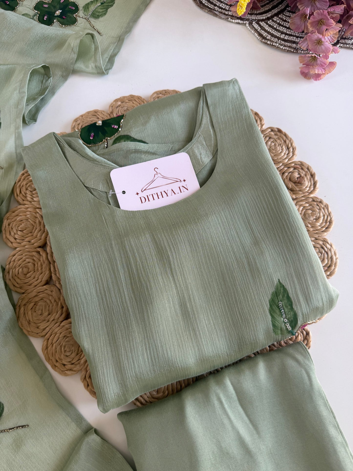 K634 - Pure Chinnon handwork Aline Kurti with pants and dupatta