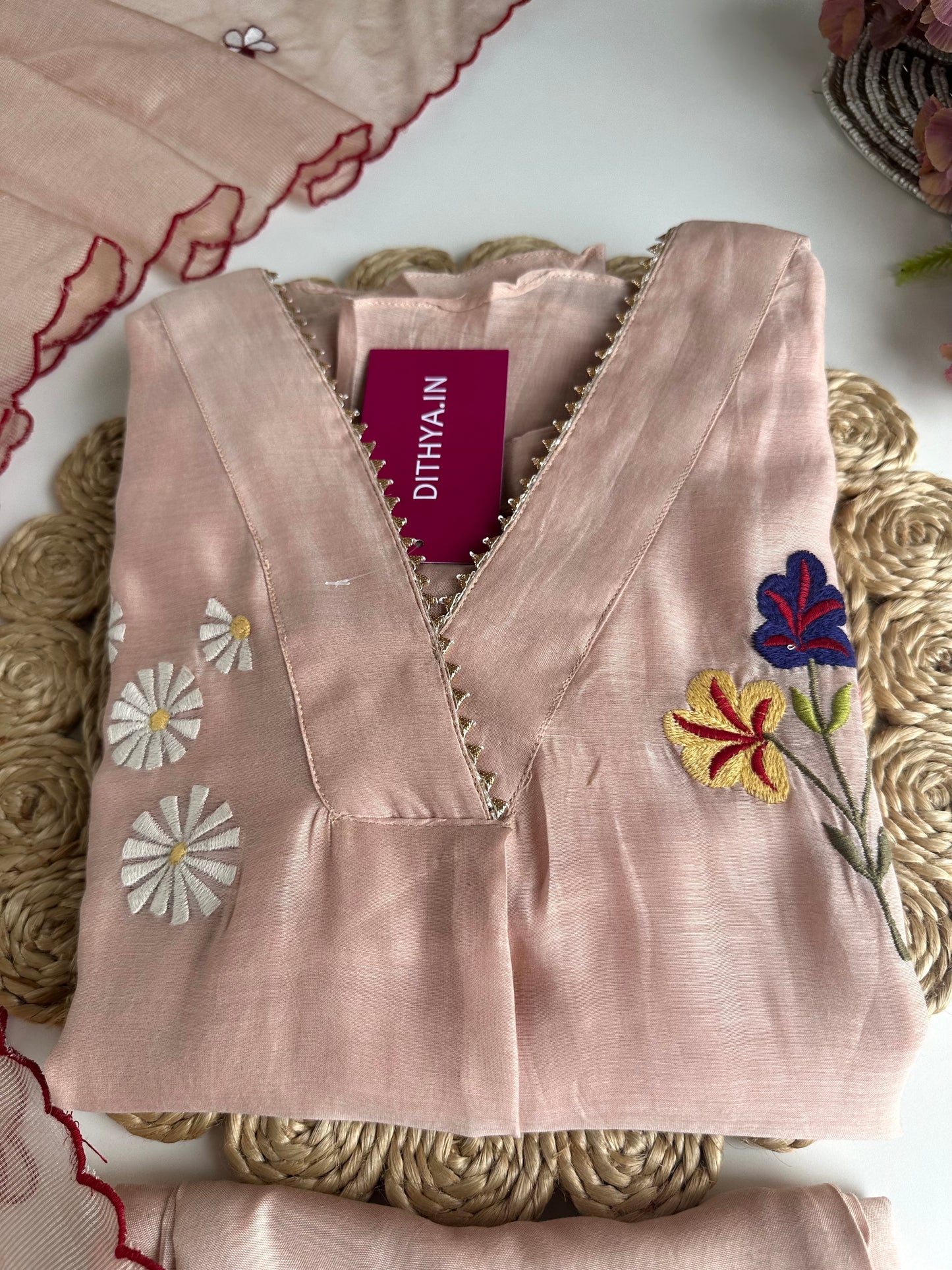 K302 - Mul Chanderi Appliqué work Aline Kurti with pants and dupatta