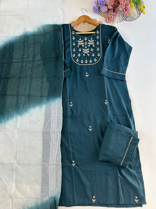D390-Roman silk straight kurti with pants and dupatta