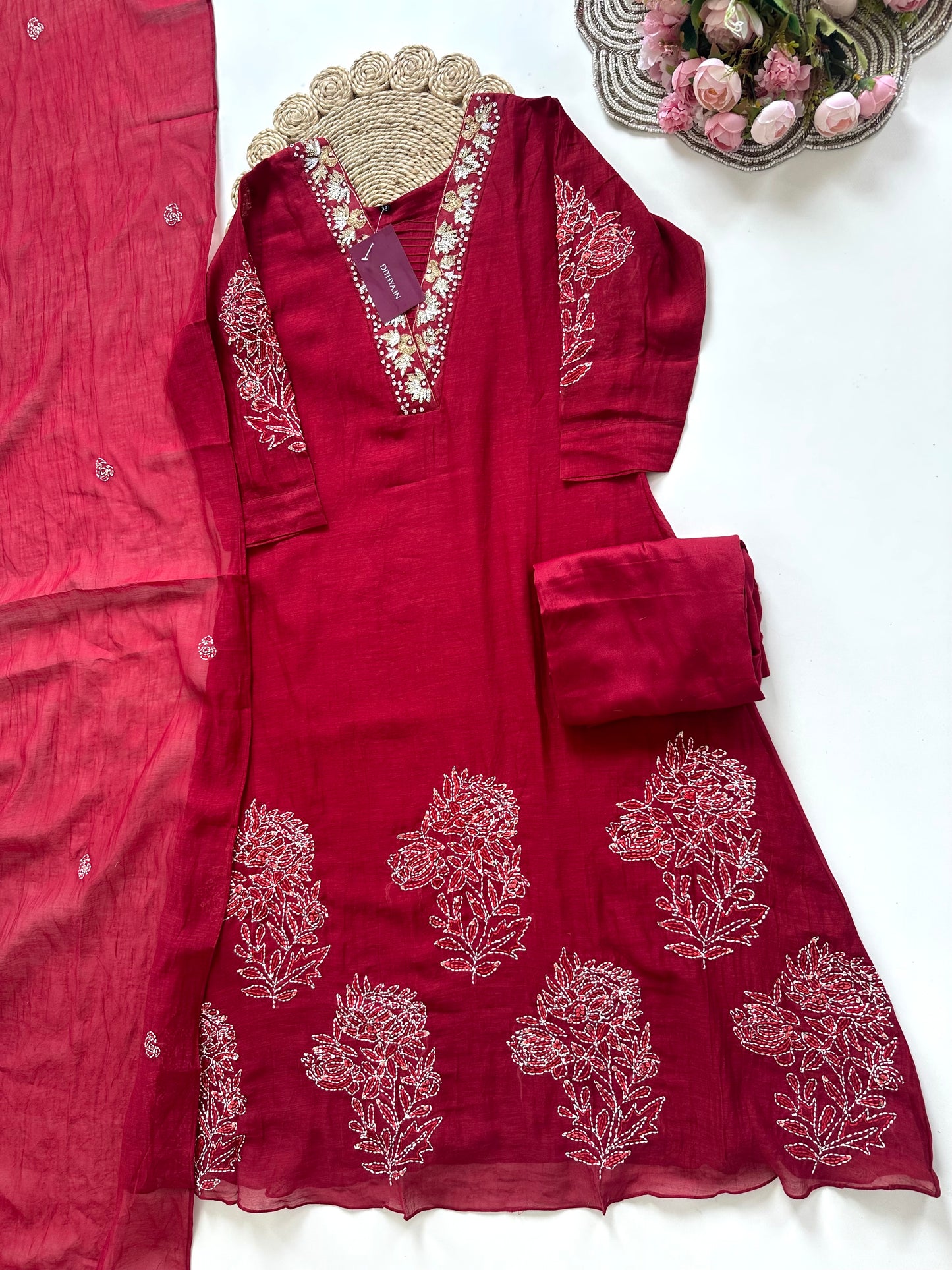 K003 - Mul Chanderi Handwork Aline kurti with pants and dupatta in 4 colours