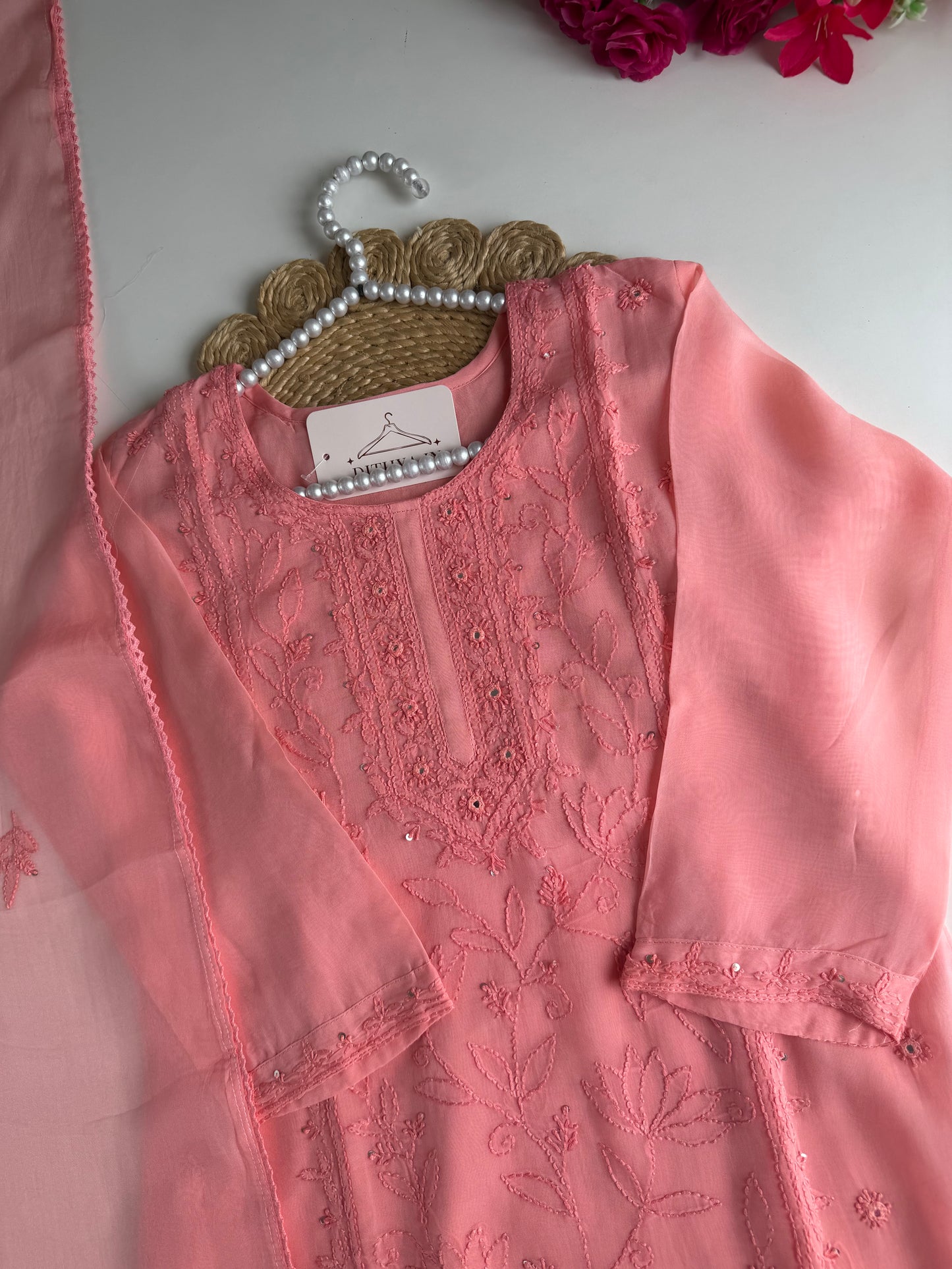 K180 - Viscose organza chikankari straight Kurti with pants and dupatta
