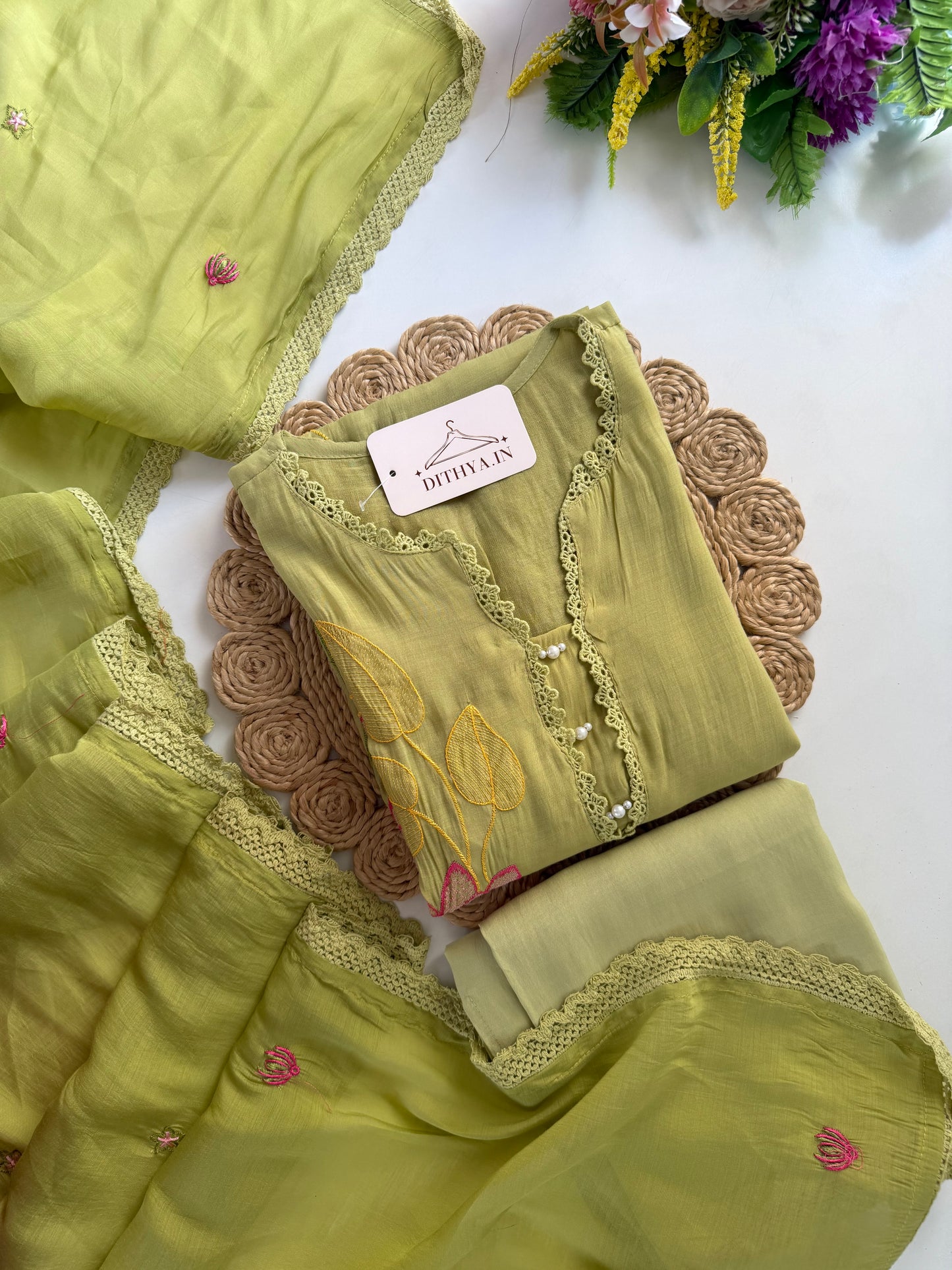 K345 - Muslin silk embroidered straight Kurti with pants and dupatta in 2 colours