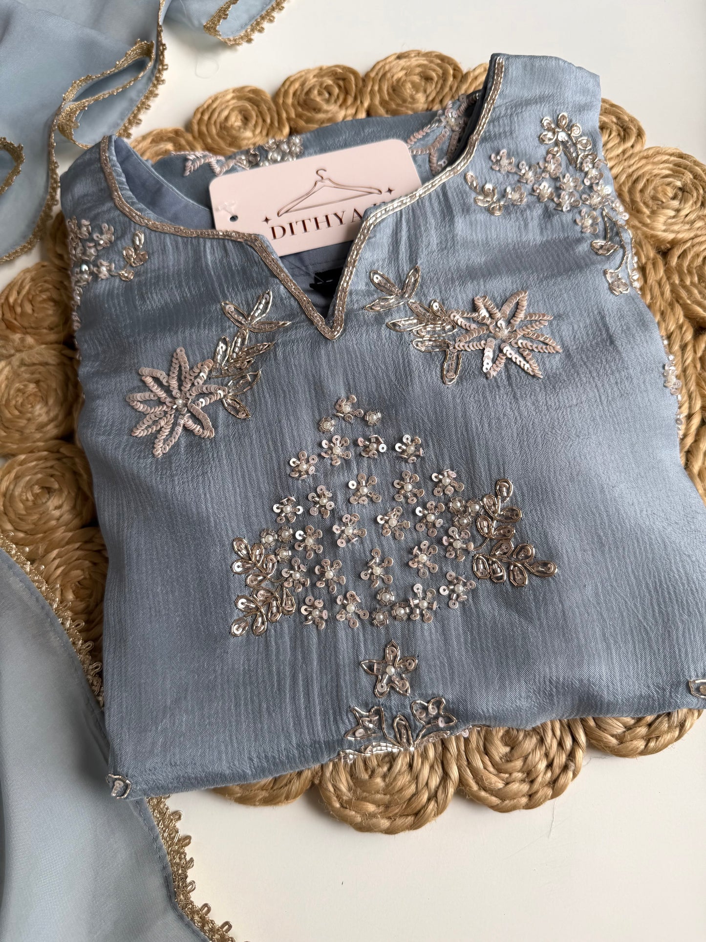 K670 - Pure Chinnon handwork short Kurti with pants and dupatta