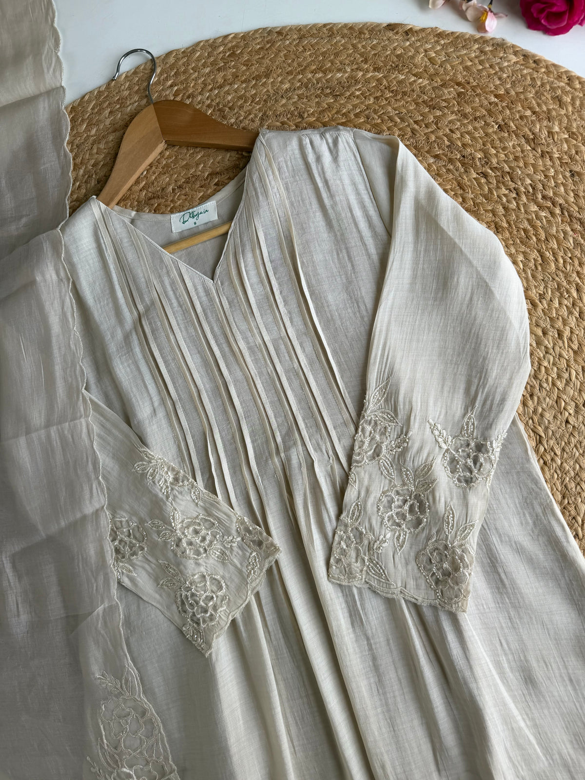 K013 - Surat mul chanderi handwork Aline Kurti with pants and dupatta