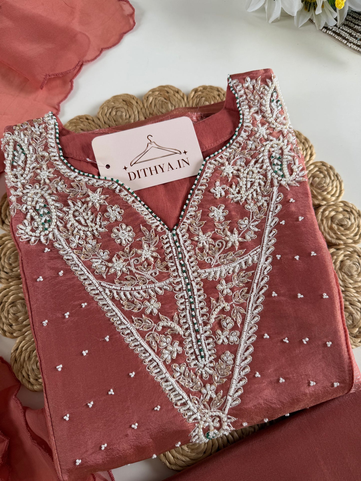 K110 - Tissue silk pearl work Anarkali with pants and dupatta