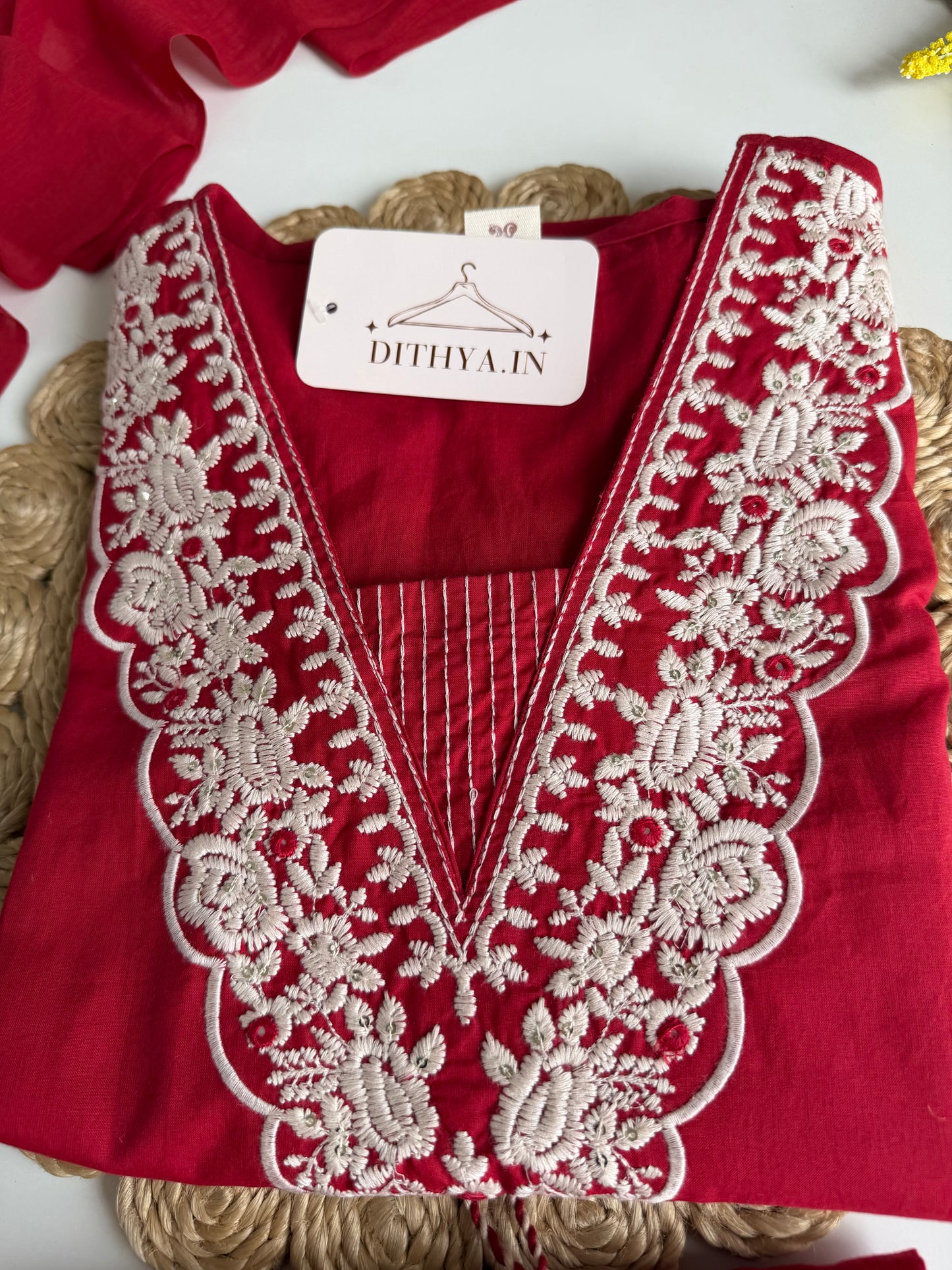 K671 - Mul cotton embroidered Aline Kurti with pants and dupatta